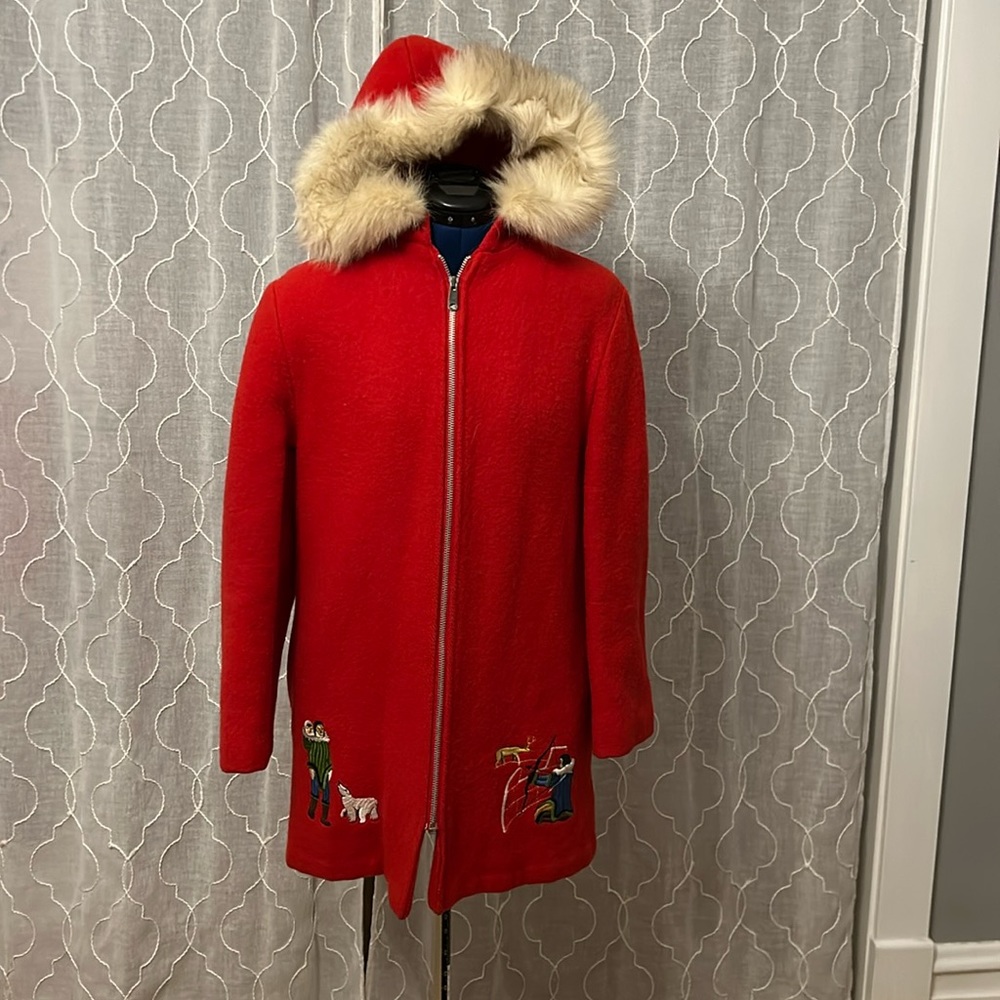Rare Retro Red Wool Embroidered Parka with Fur Hood